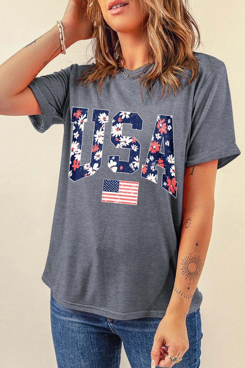Gray Blooming USA Flag Print Casual T Shirt - loveforevers