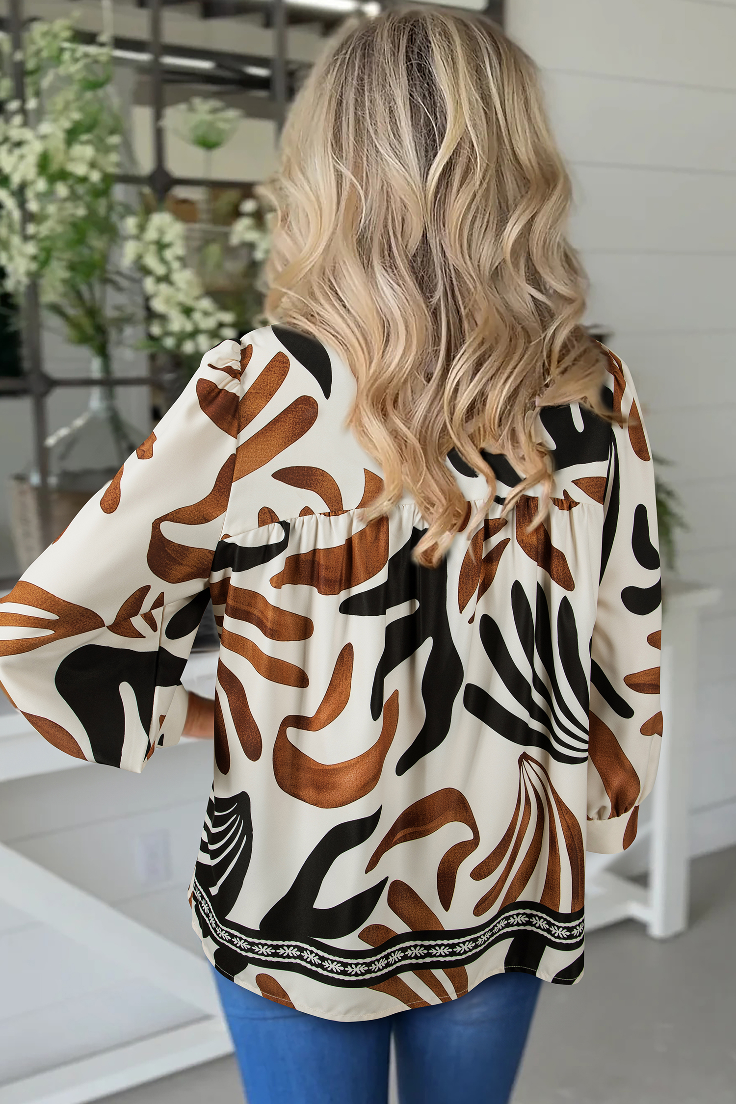 Brown Abstract Print Puff Sleeve Loose Blouse - loveforevers