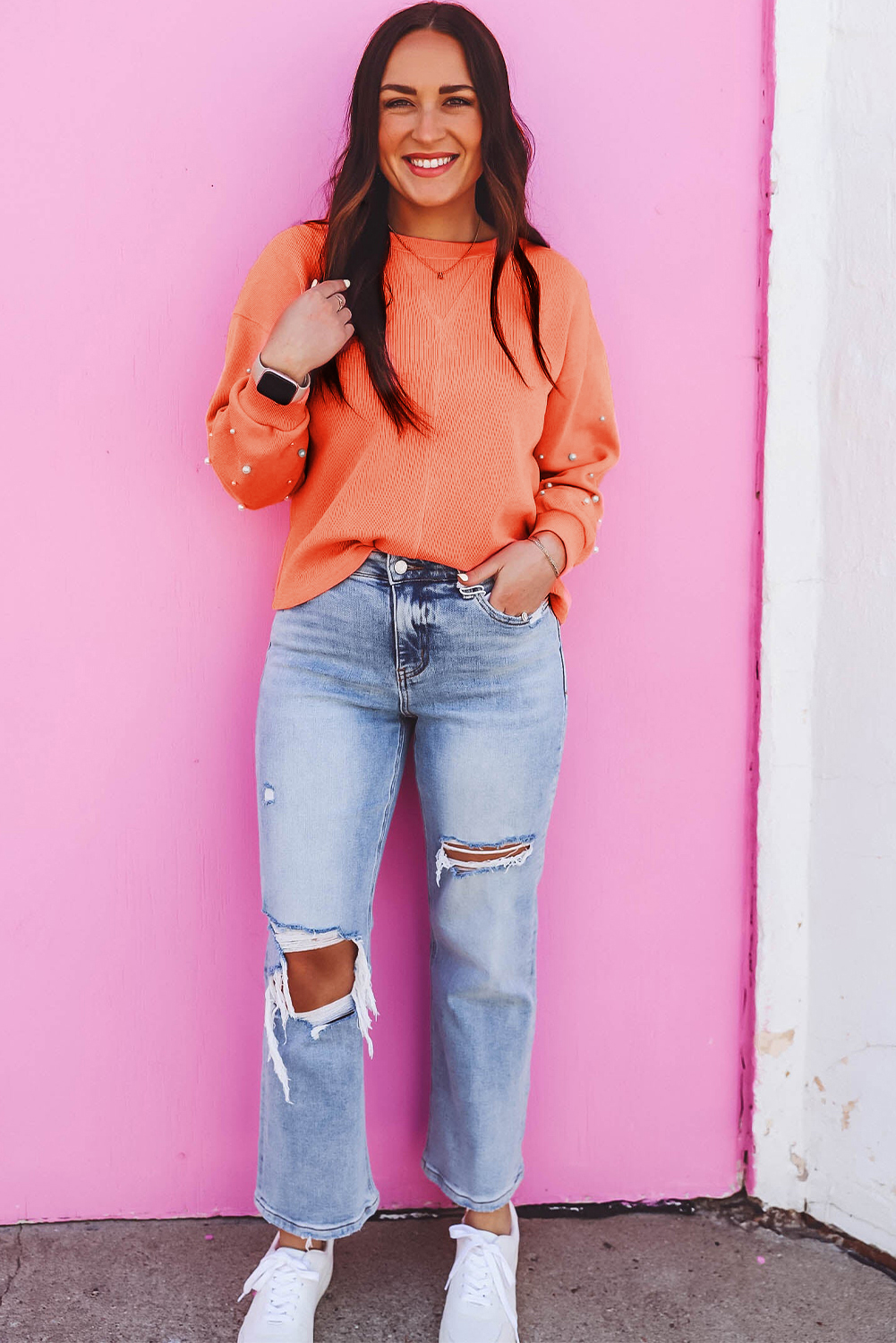Myosotis Pearled Sleeves Drop Shoulder Round Neck Pullover Sweatshirt - loveforevers