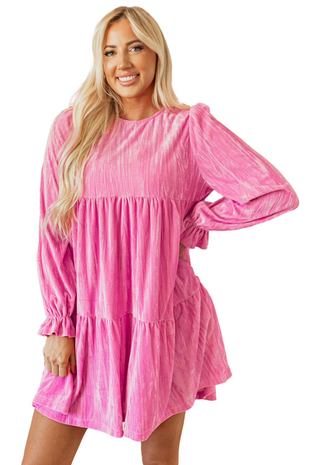 Strawberry Pink Flounce Sleeve Tiered Ruffled Velvet Mini Dress - loveforevers