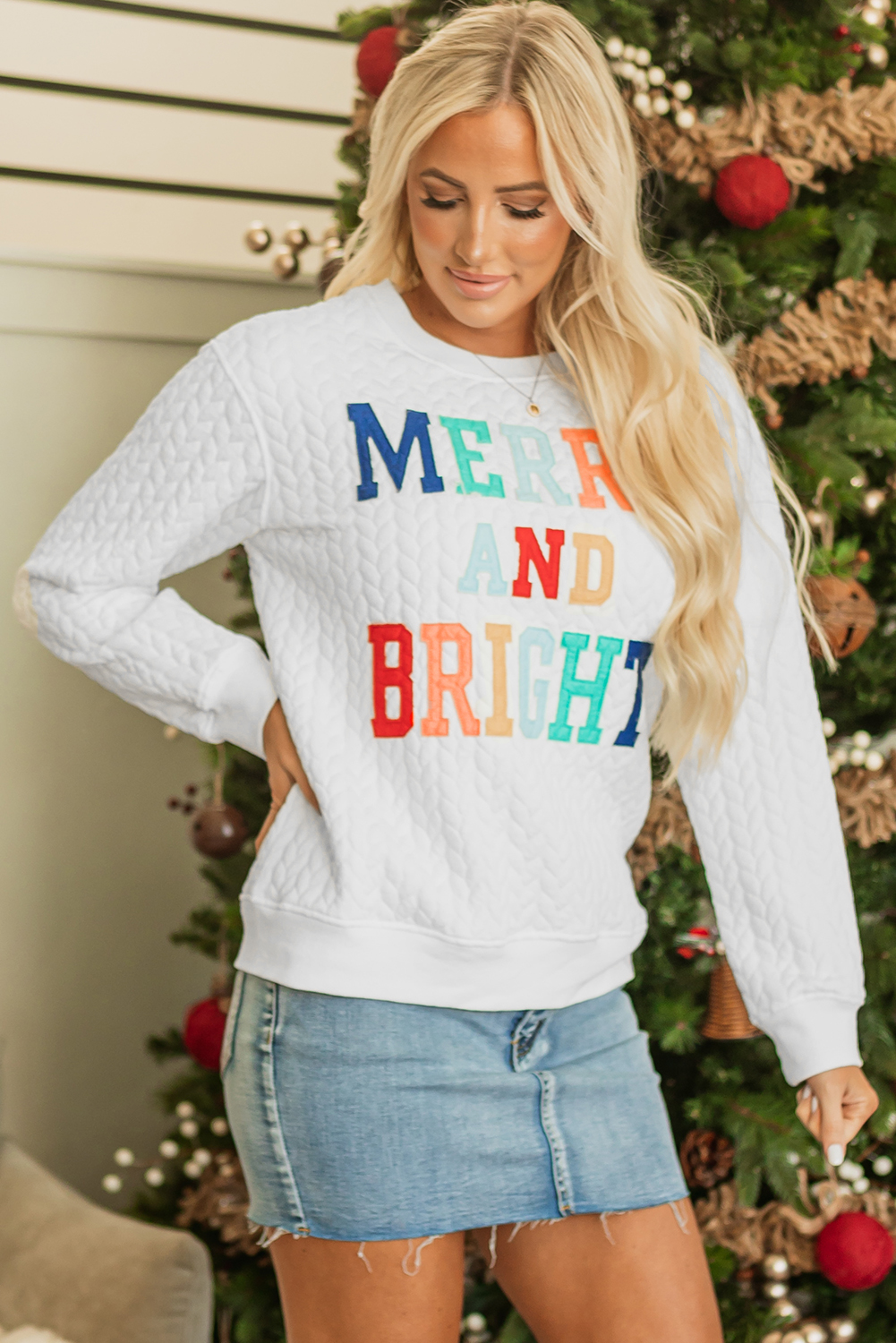 White LOVE Chenille Embroidered Cable Knit Pullover Sweatshirt - loveforevers