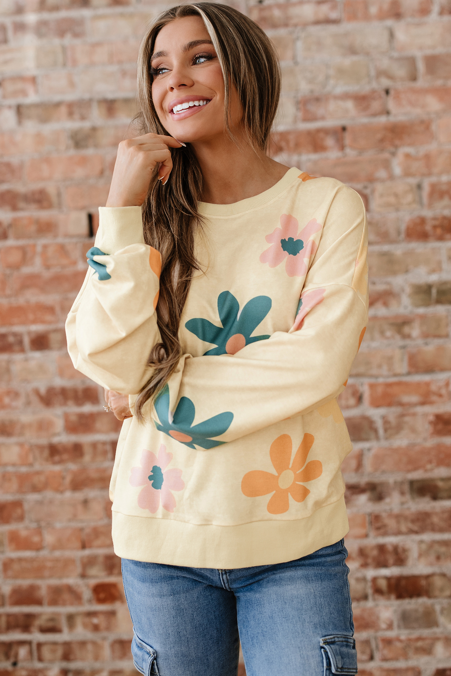 Khaki Mineral Washed French Terry Flower Print Sweatshirt - loveforevers