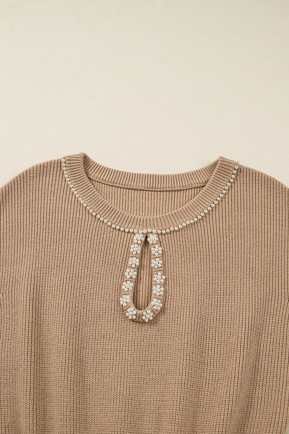 Smoke Gray Pearl Embellished Keyhole Ribbed Sweater Dress - loveforevers