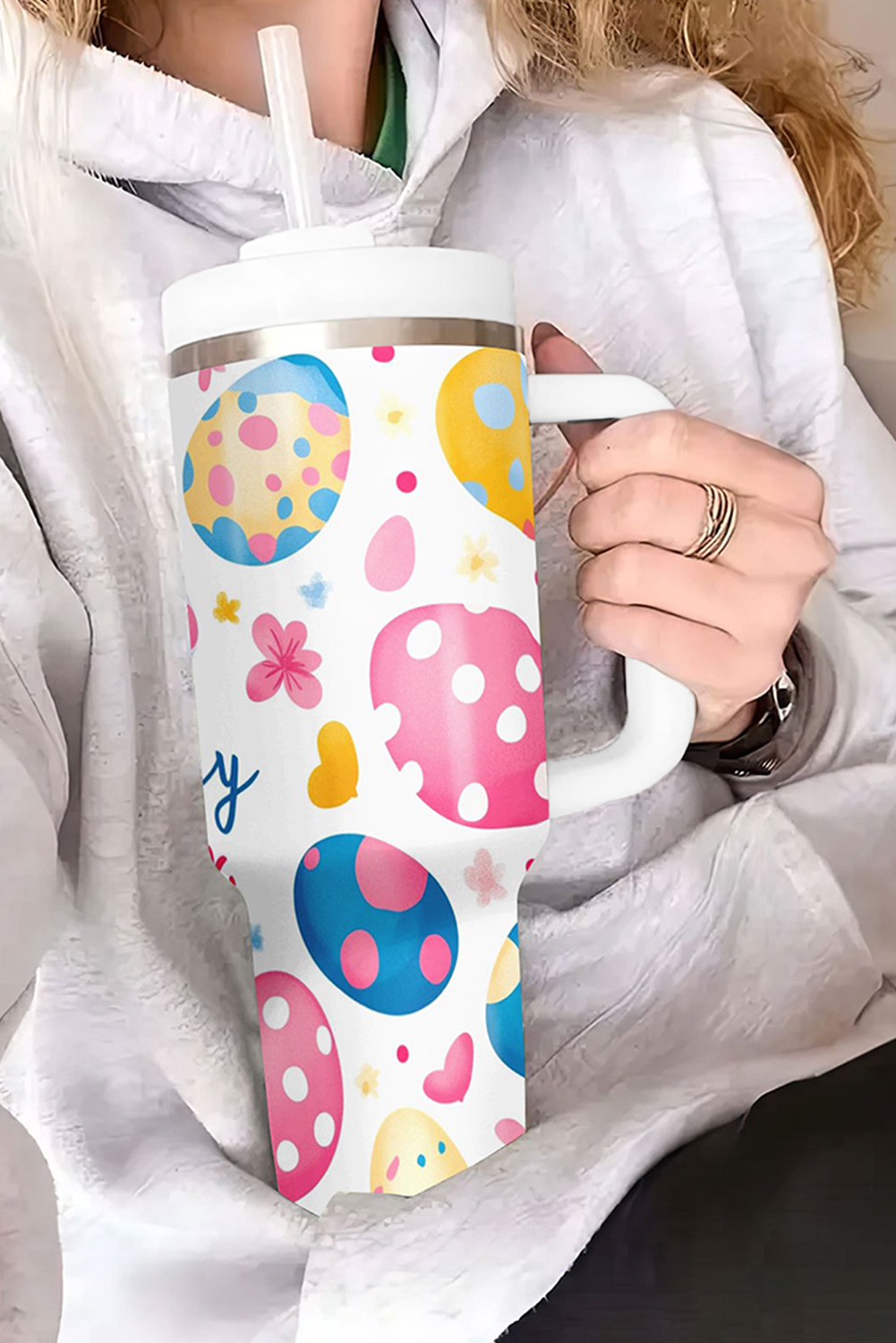 White Happy Easter Bunny Eggs Printed Thermal Tumbler - loveforevers