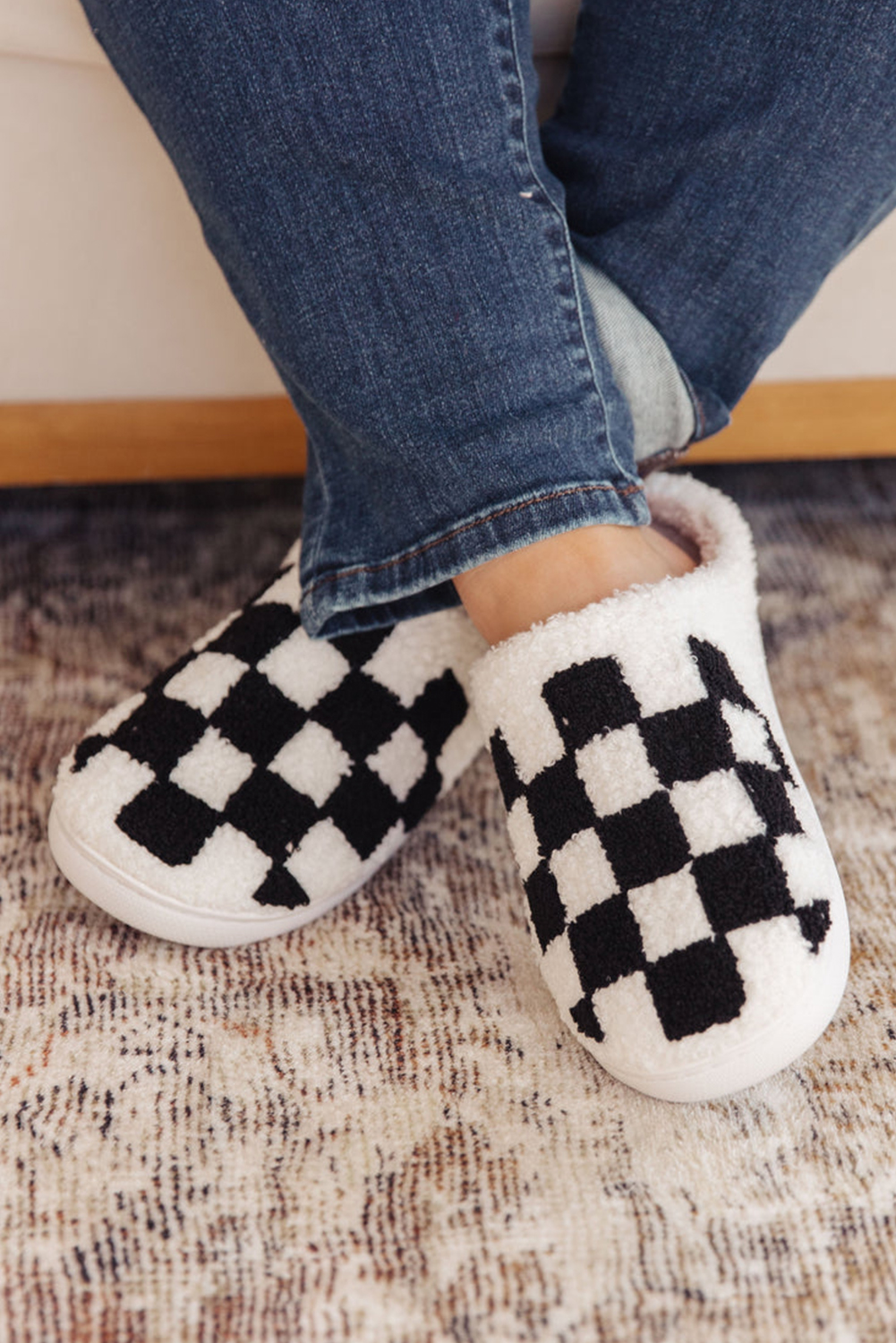 Fiery Red Checkered Print Fuzzy Slip On Winter Slippers - loveforevers