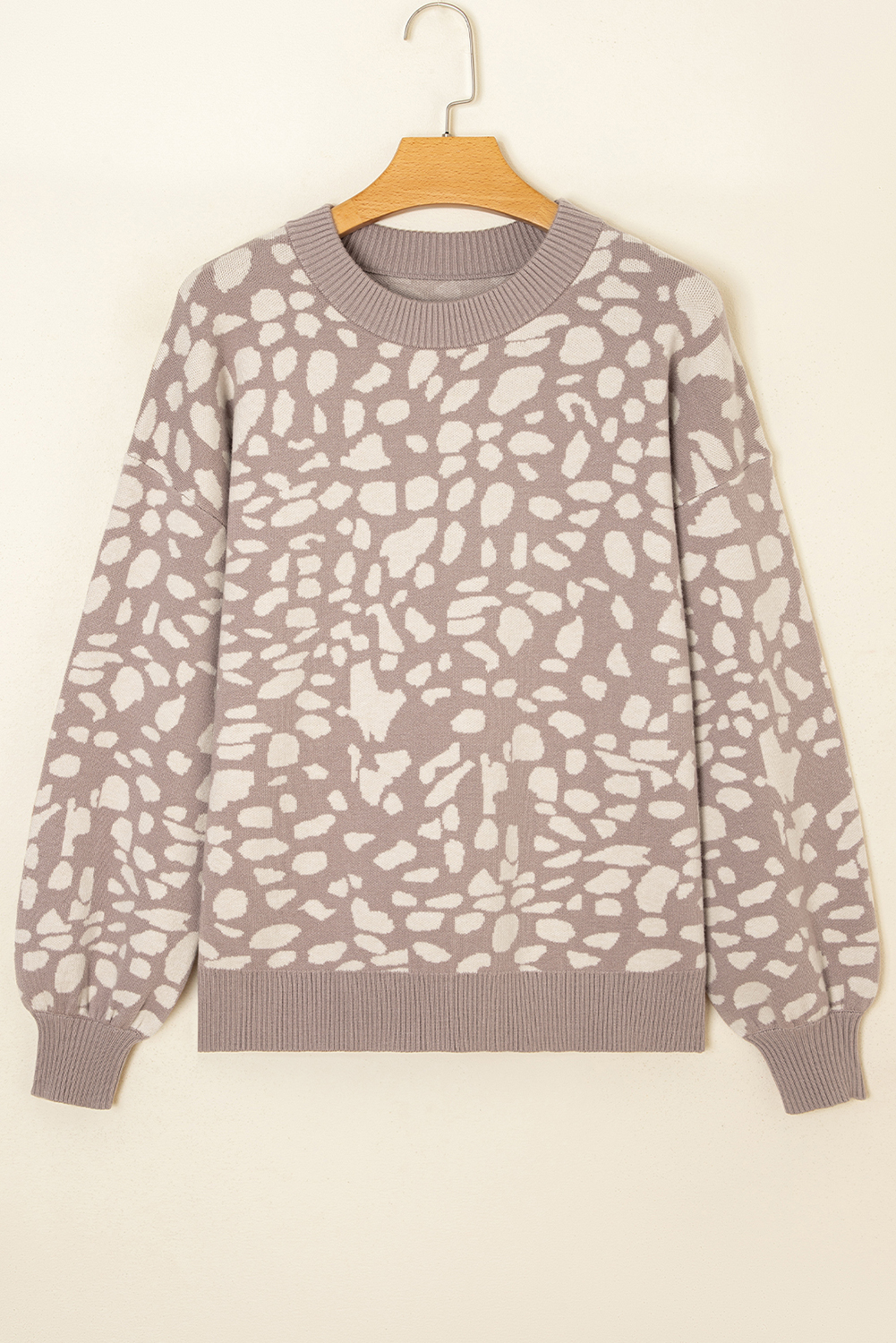 Gray Leopard Spots Pattern Ribbed Trim Drop Shoulder Sweater - loveforevers