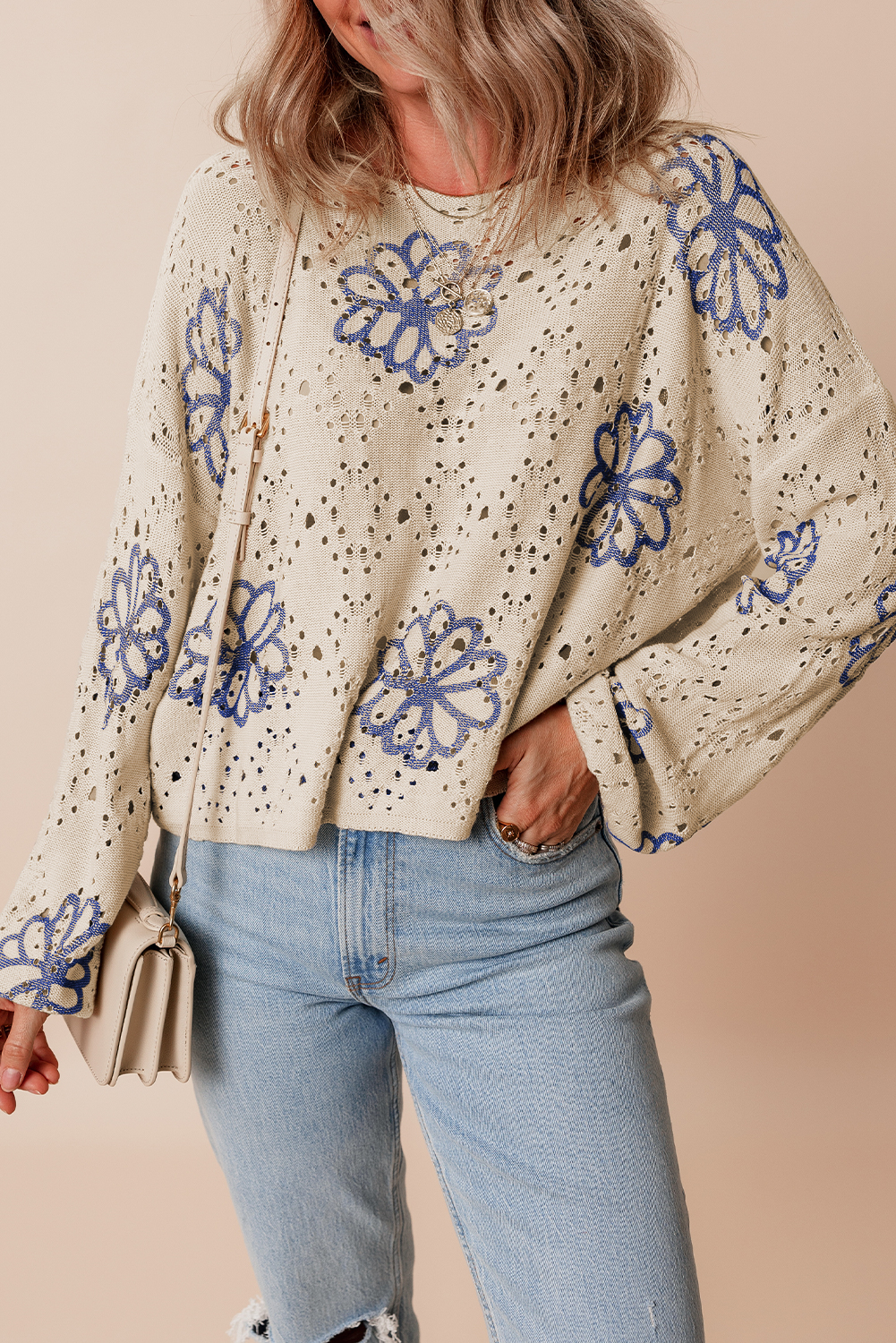Beige Contrast Flower Print Eyelet Drop Shoulder Sweater - loveforevers