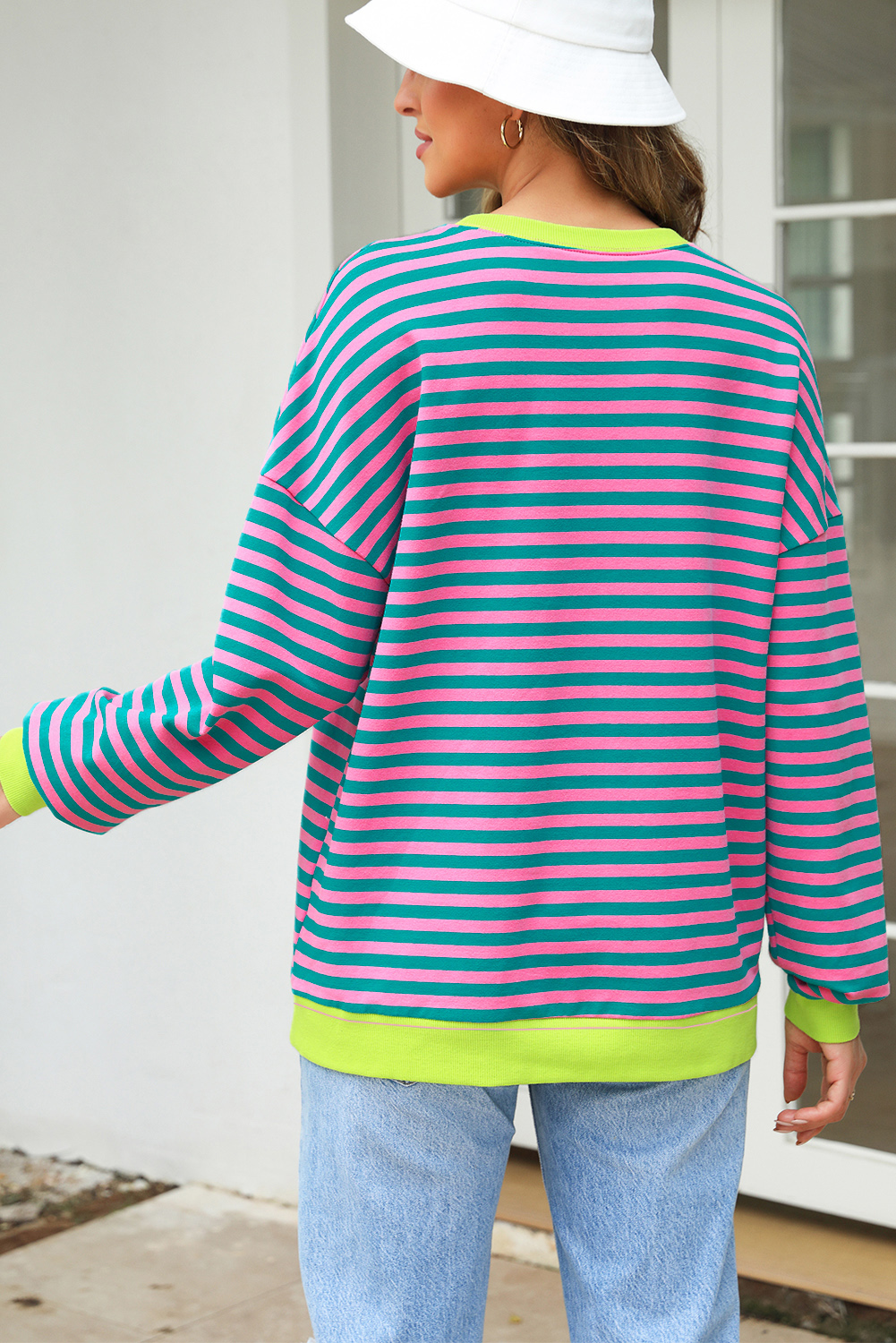 Red Stripe Contrast Ribbed Trim Crossed Stitch Drop Shoulder Sweatshirt - loveforevers