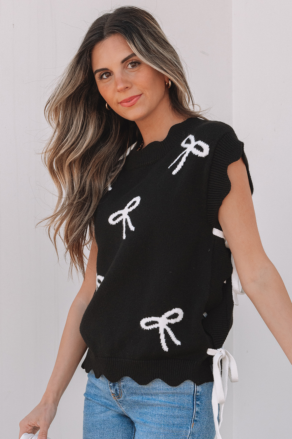 Black Bow Print Side Ties Scalloped Hem Sweater T Shirt - loveforevers