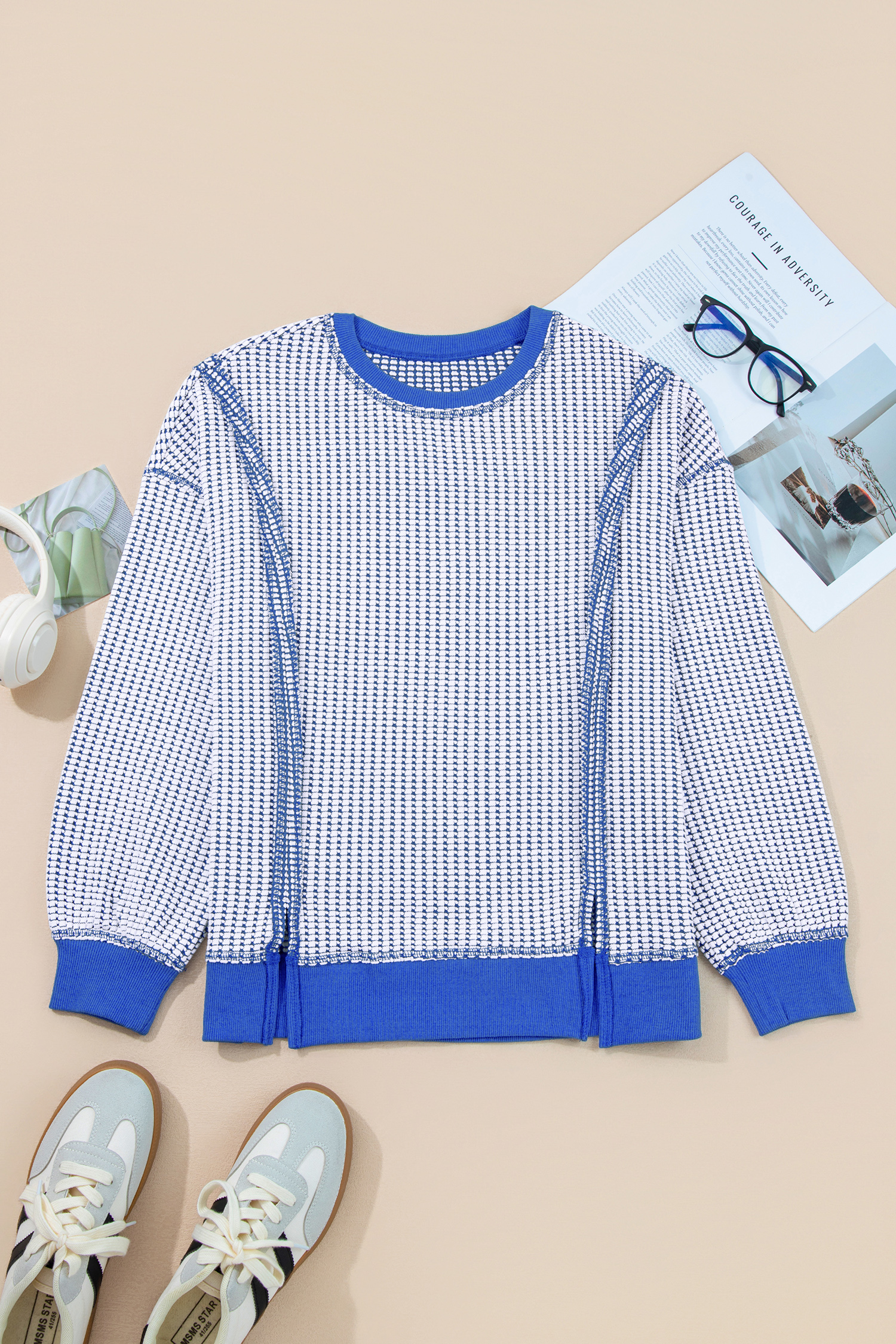 Dark Blue Waffle Knit Exposed Stitching Casual Top with Side Slits - loveforevers