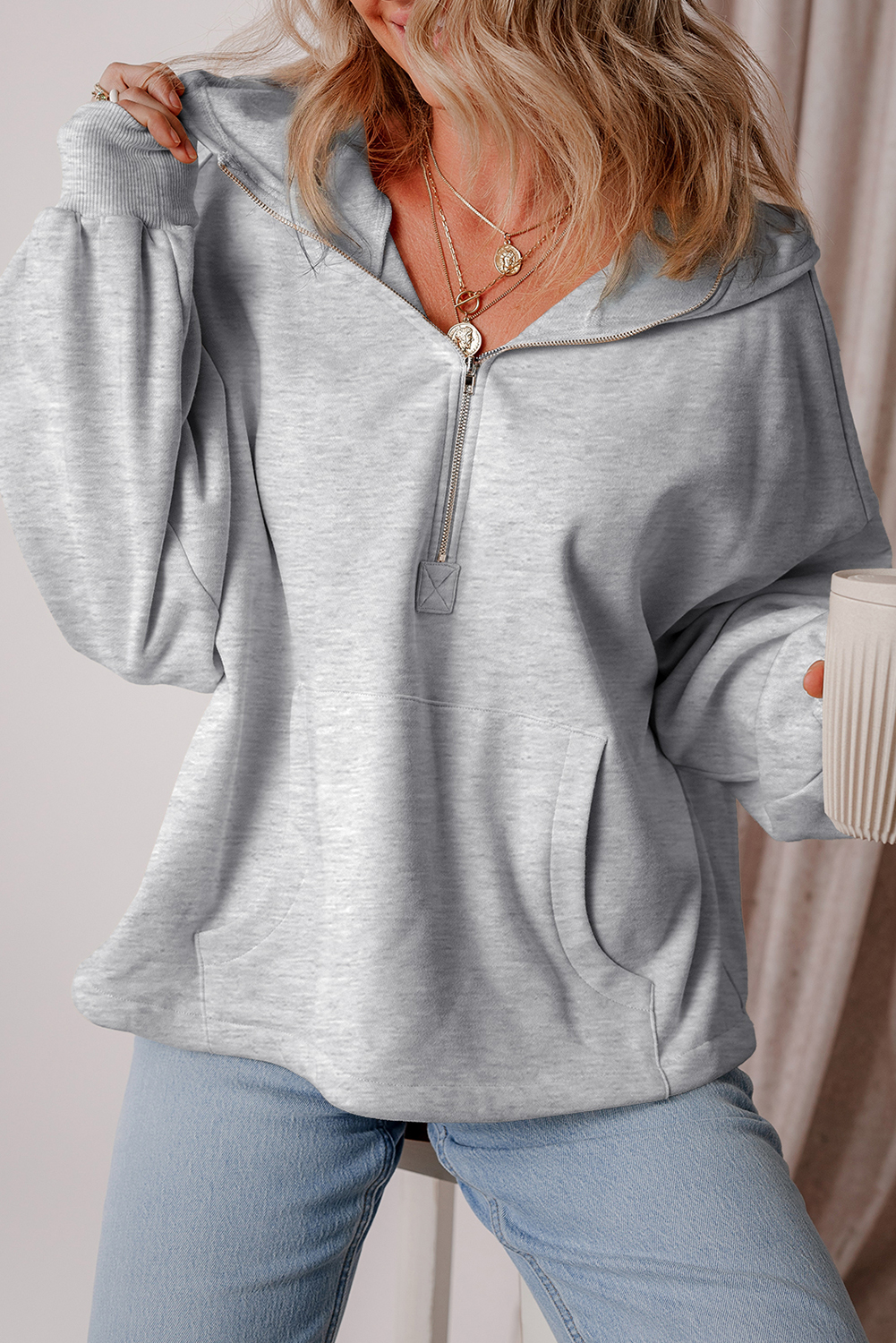 Bonbon Fleece Lined Half Zipper Kangaroo Pockets Loose Hoodie - loveforevers