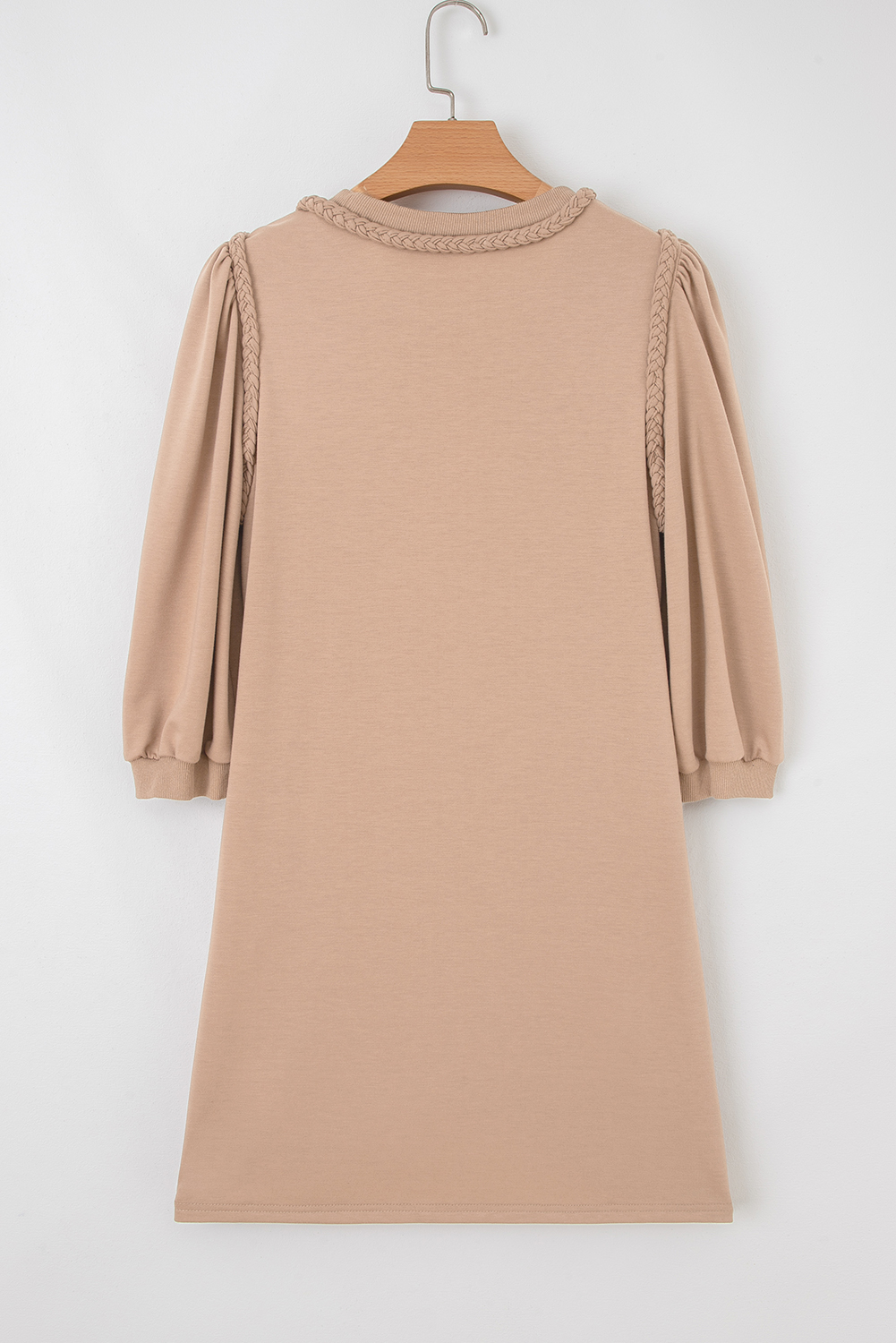 Light French Beige Braided Trim Puff Sleeve Dress - loveforevers