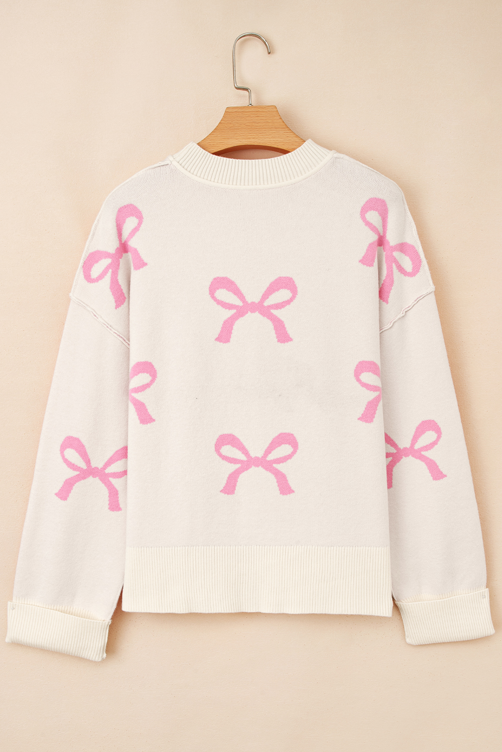 Pink Bow Print Ribbed Trim Exposed Seam Drop Shoulder Loose Sweater - loveforevers