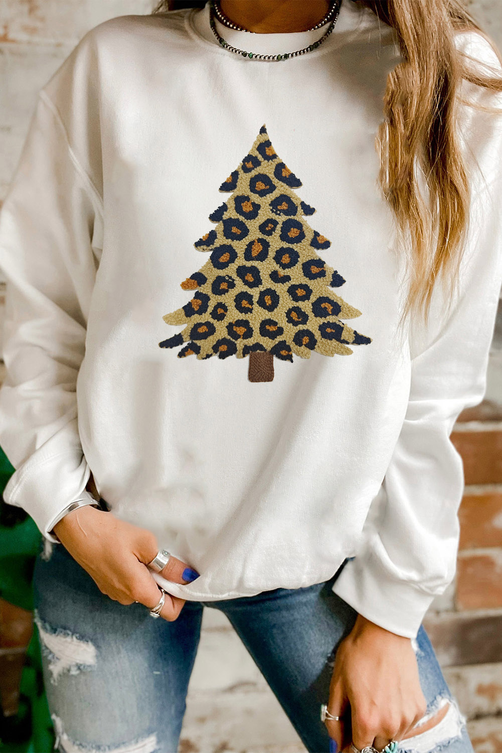 White Plush Leopard Tree Patched Drop Shoulder Sweatshirt - loveforevers