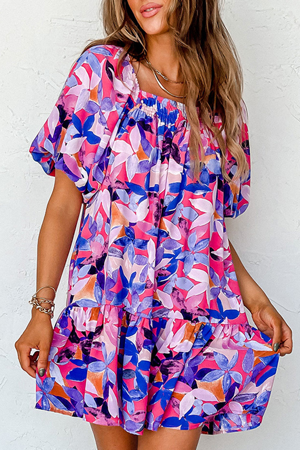 Purple Flower Print Short Puff Sleeve Ruffled Dress - loveforevers