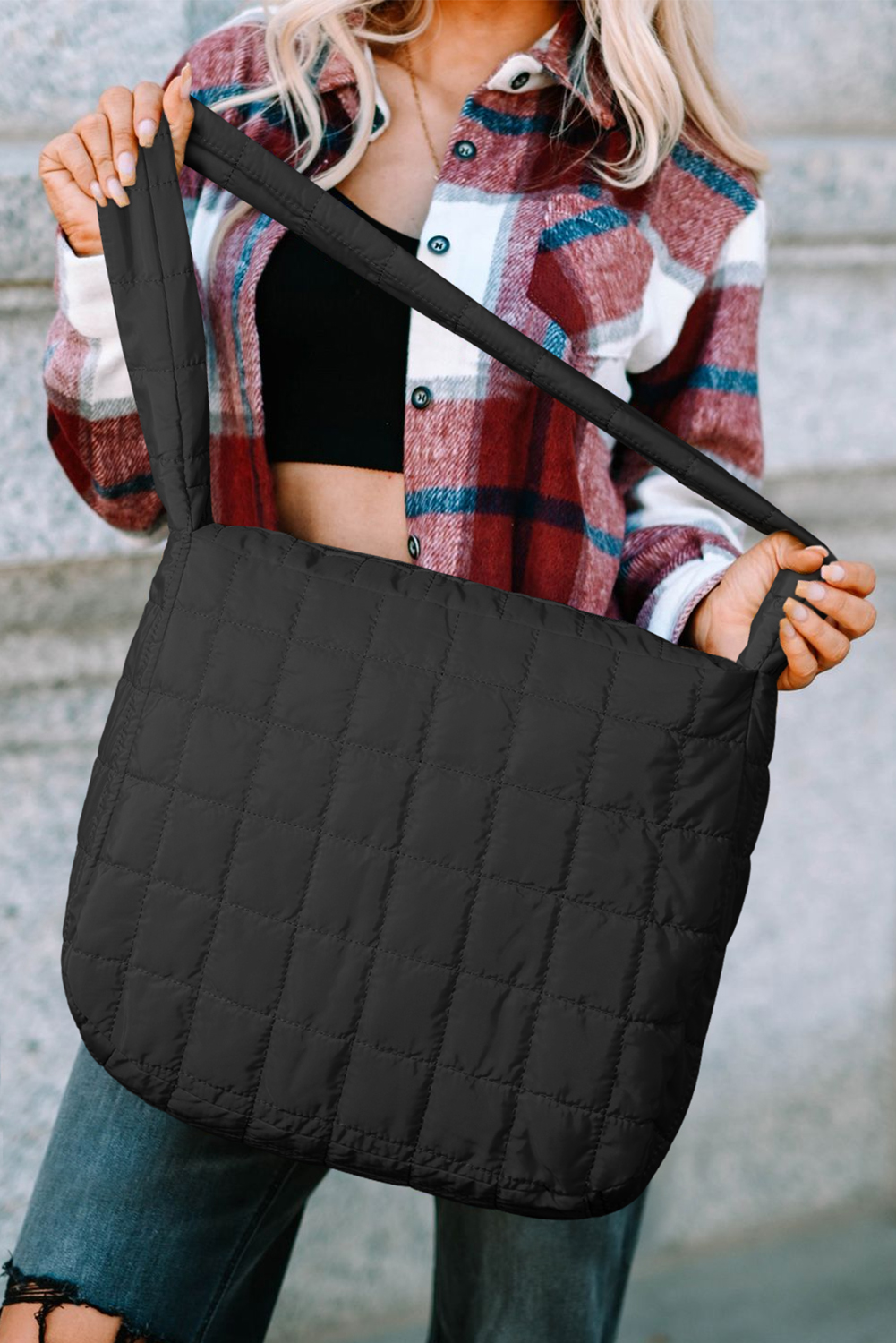 Black Quilted Zipper Large Shoulder Bag - loveforevers