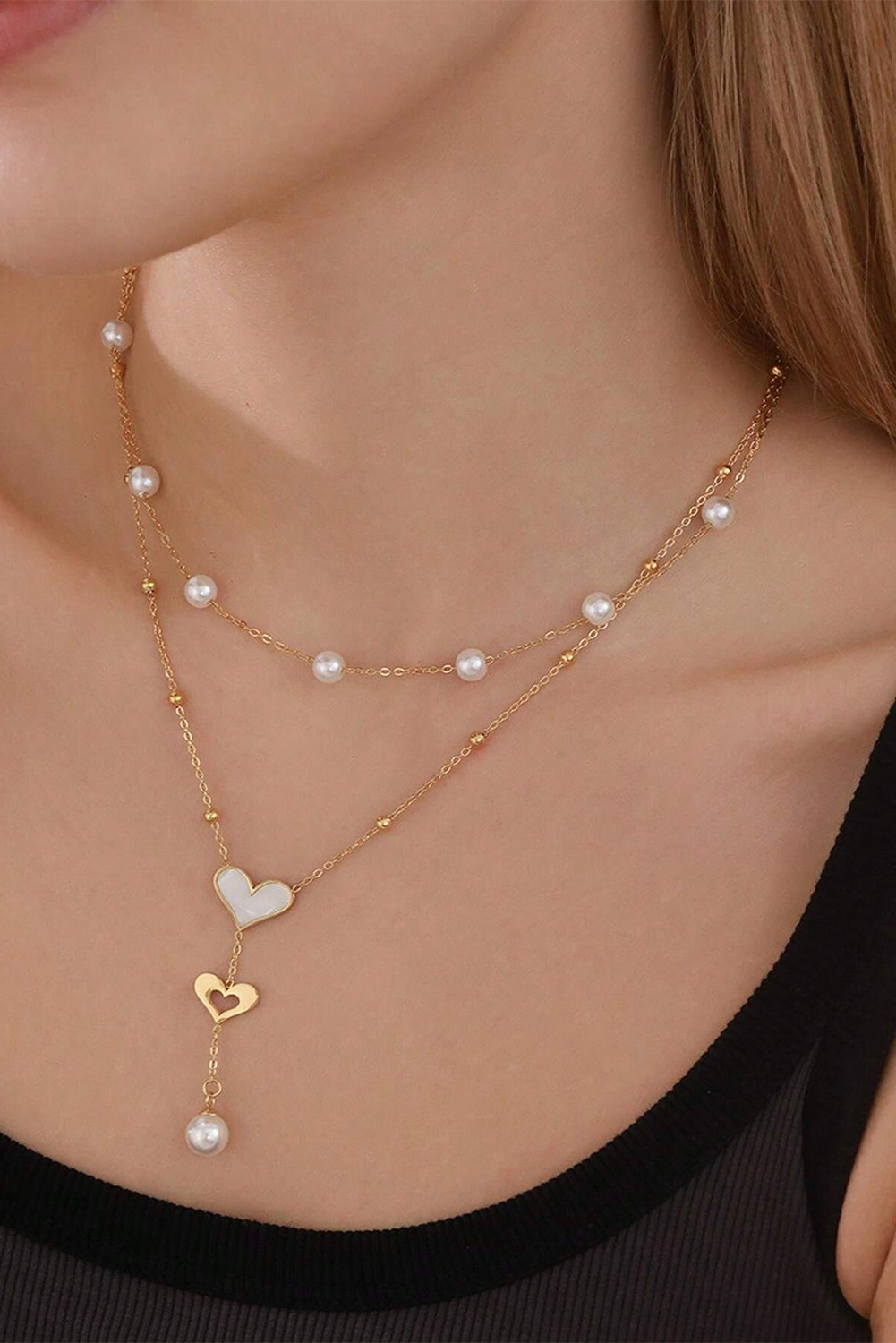 Gold Heart Pearl Double Layer Adjustable Chain Necklace - loveforevers