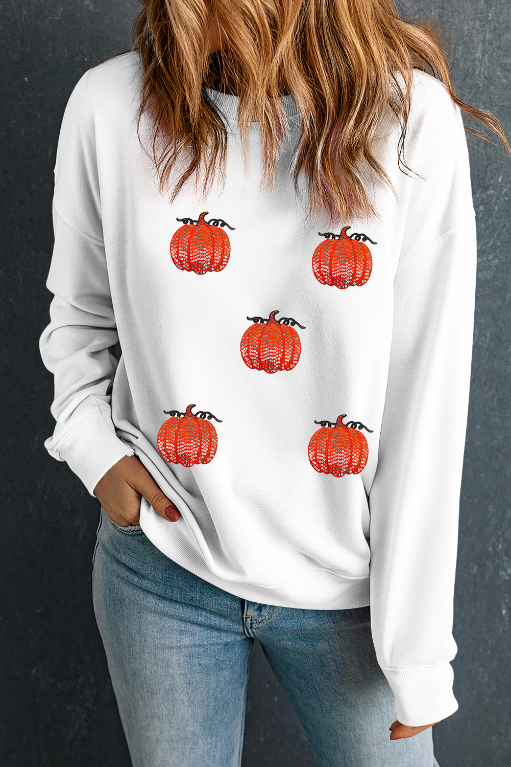 White Sequin Pumpkin Patched Drop Shoulder Sweatshirt - loveforevers