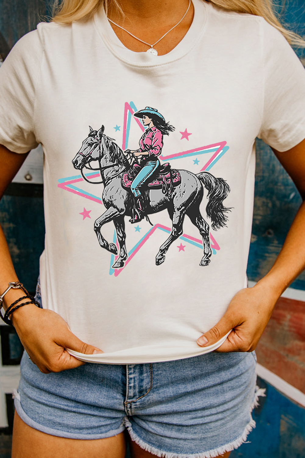 White Star Cowgirl Graphic Round Neck T Shirt - loveforevers