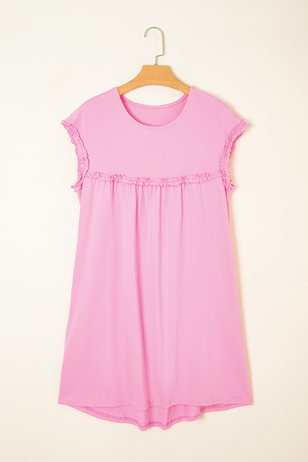 Pink Frilled Trim Crew Neck Loose Fit Mini Dress - loveforevers