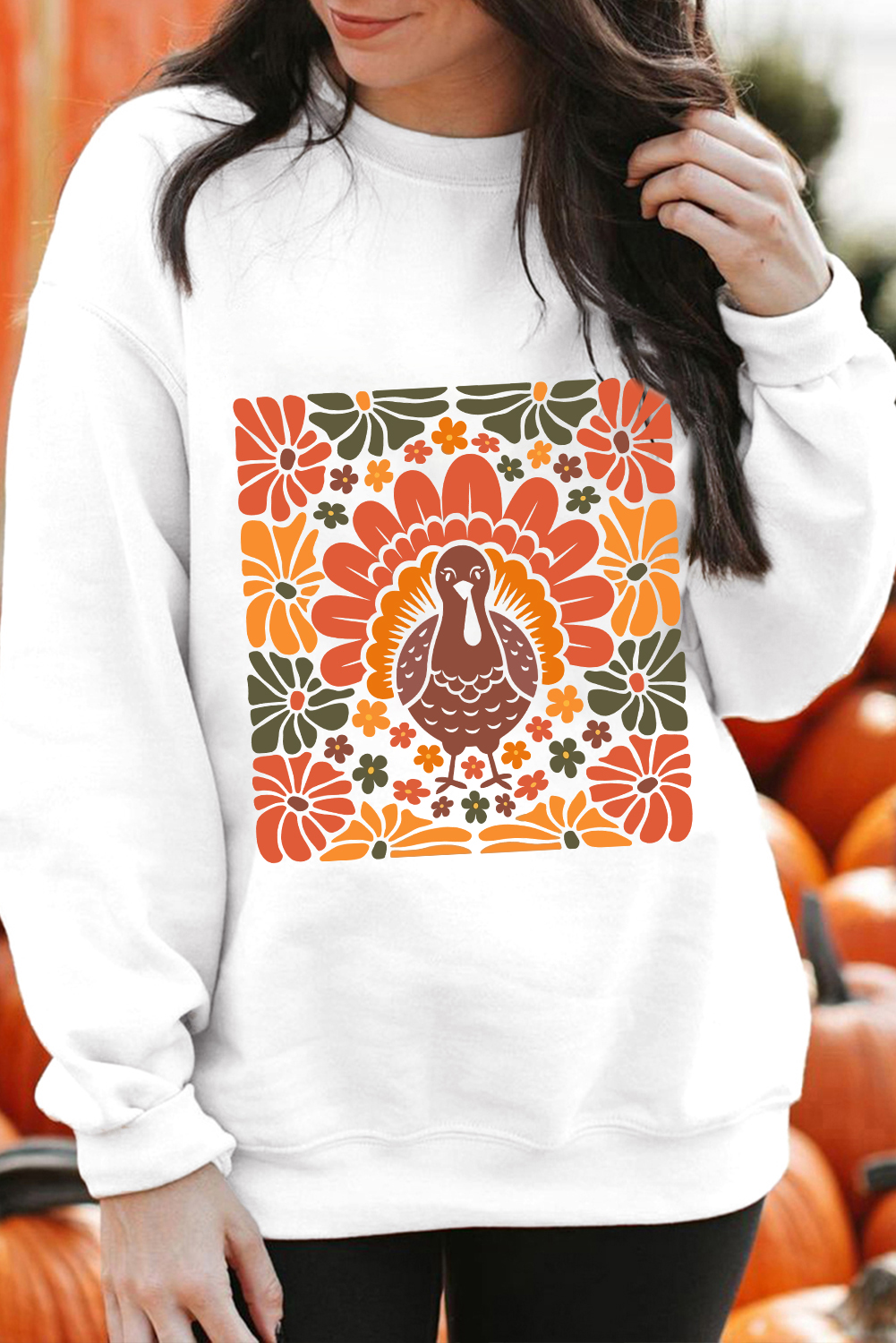 White Thanksgiving Turkey Graphic Holiday Crew Neck Sweatshirt - loveforevers