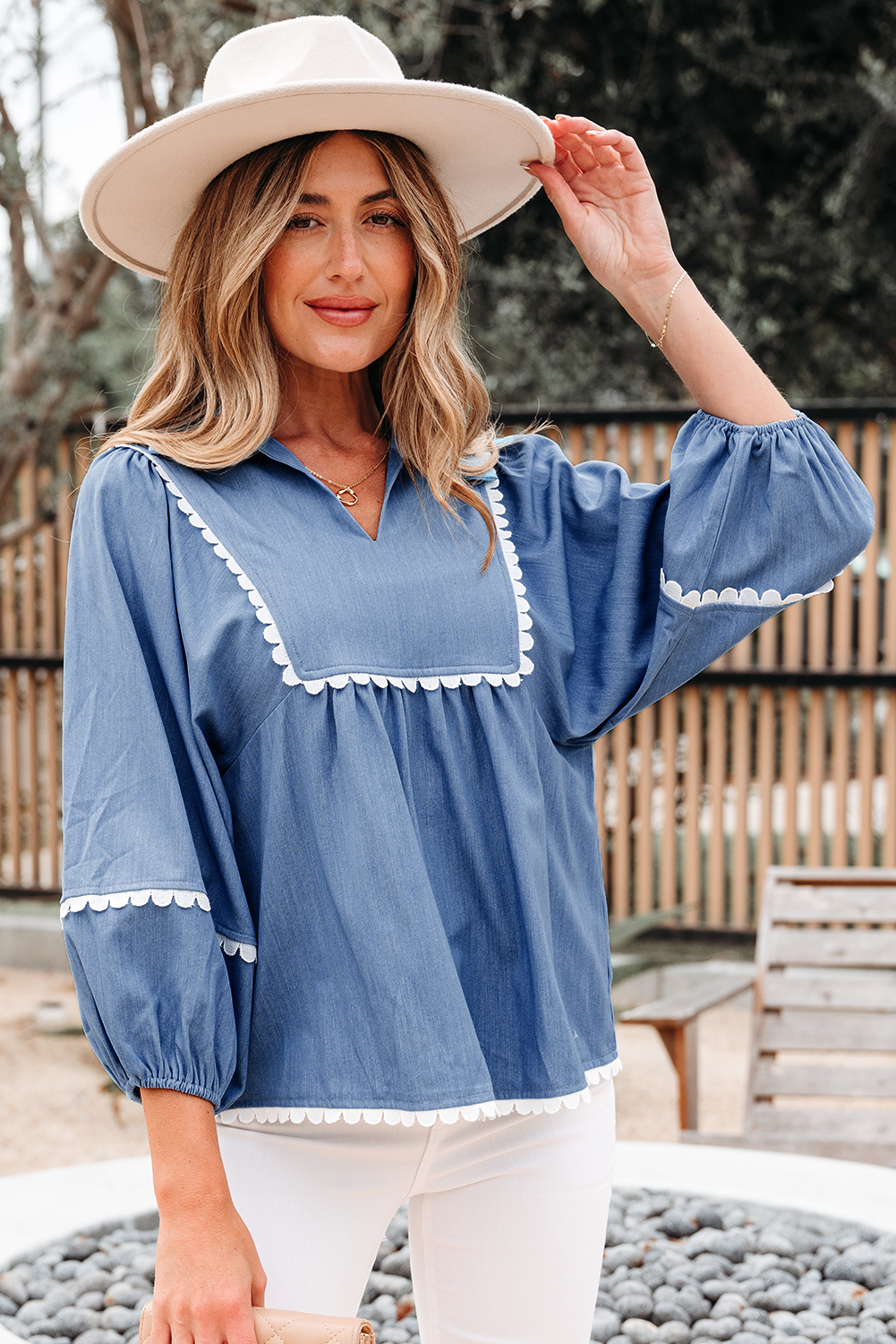 Dusk Blue Lace Ric Rac 3/4 Puff Sleeve Collared Babydoll Blouse - loveforevers