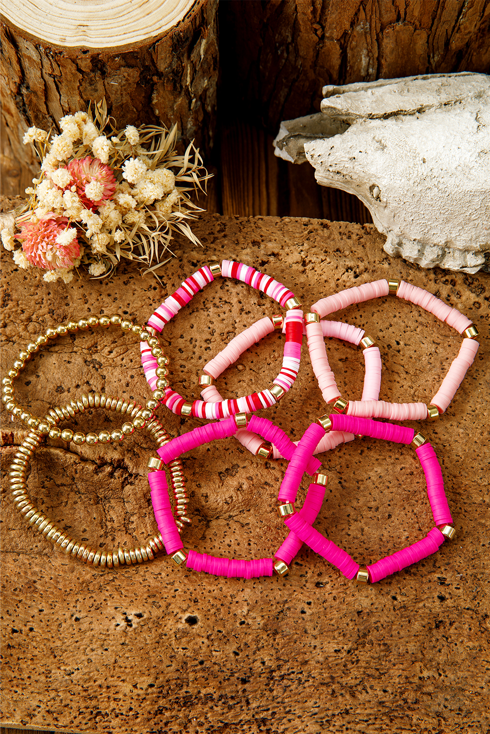 Bright Pink 7pcs Gold Plated Clay Beading Multi Layered Bracelet Set - loveforevers