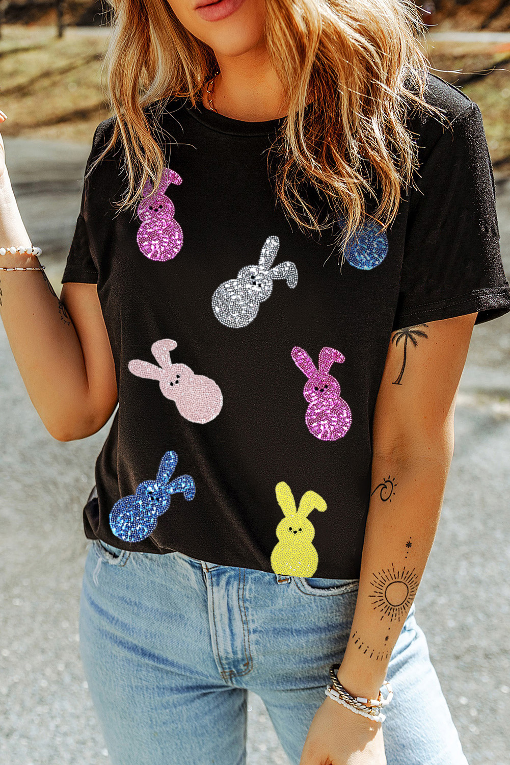 Black Sequin Bunny Doll Graphic Easter Day T Shirt - loveforevers