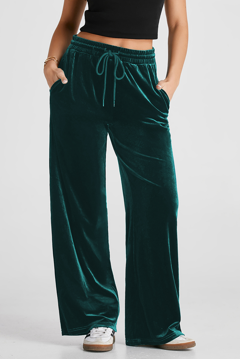 Evergreen Solid Drawstring Waist Wide Leg Pants - loveforevers