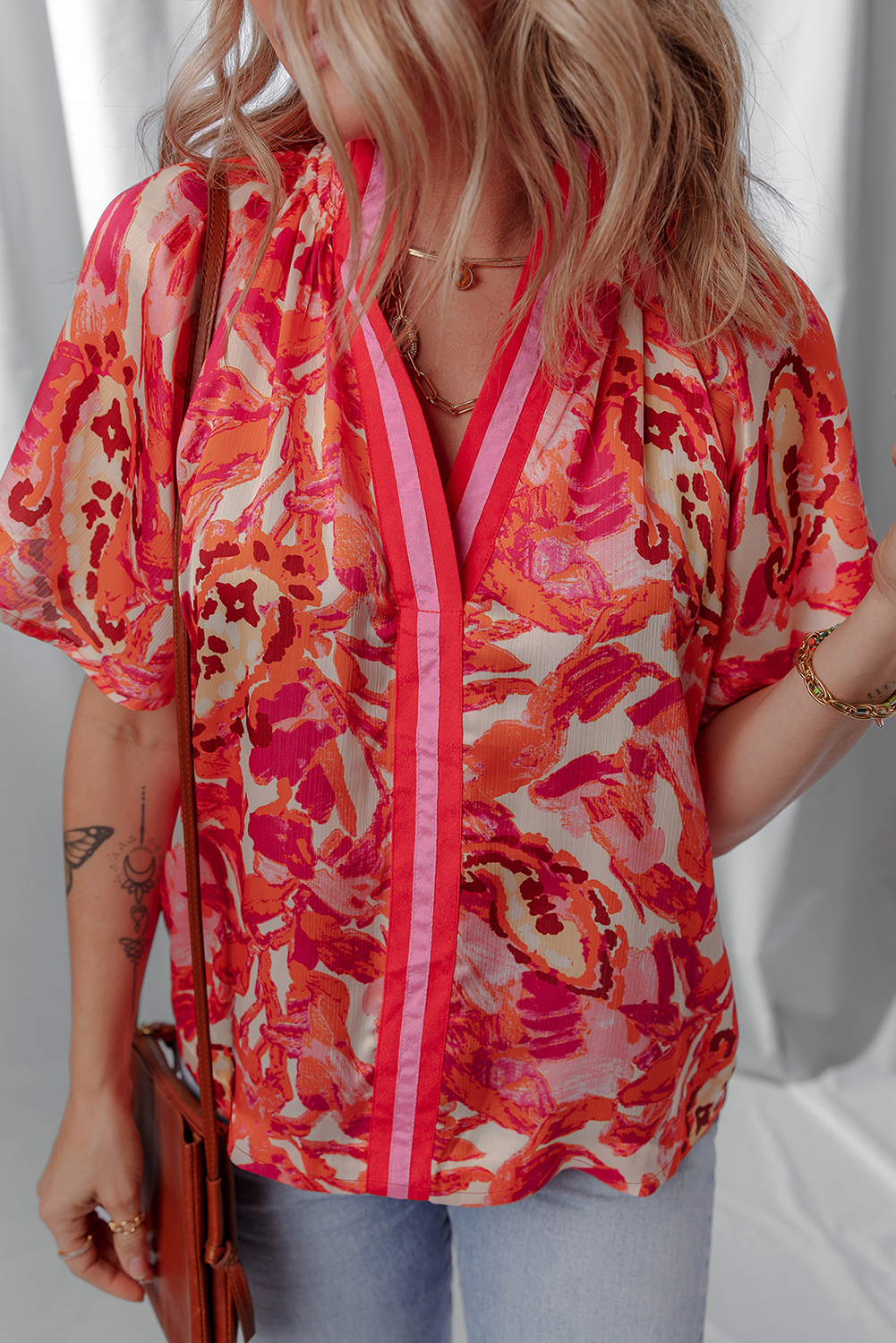 Rose Abstract Print Striped Trim Split Neck Blouse - loveforevers