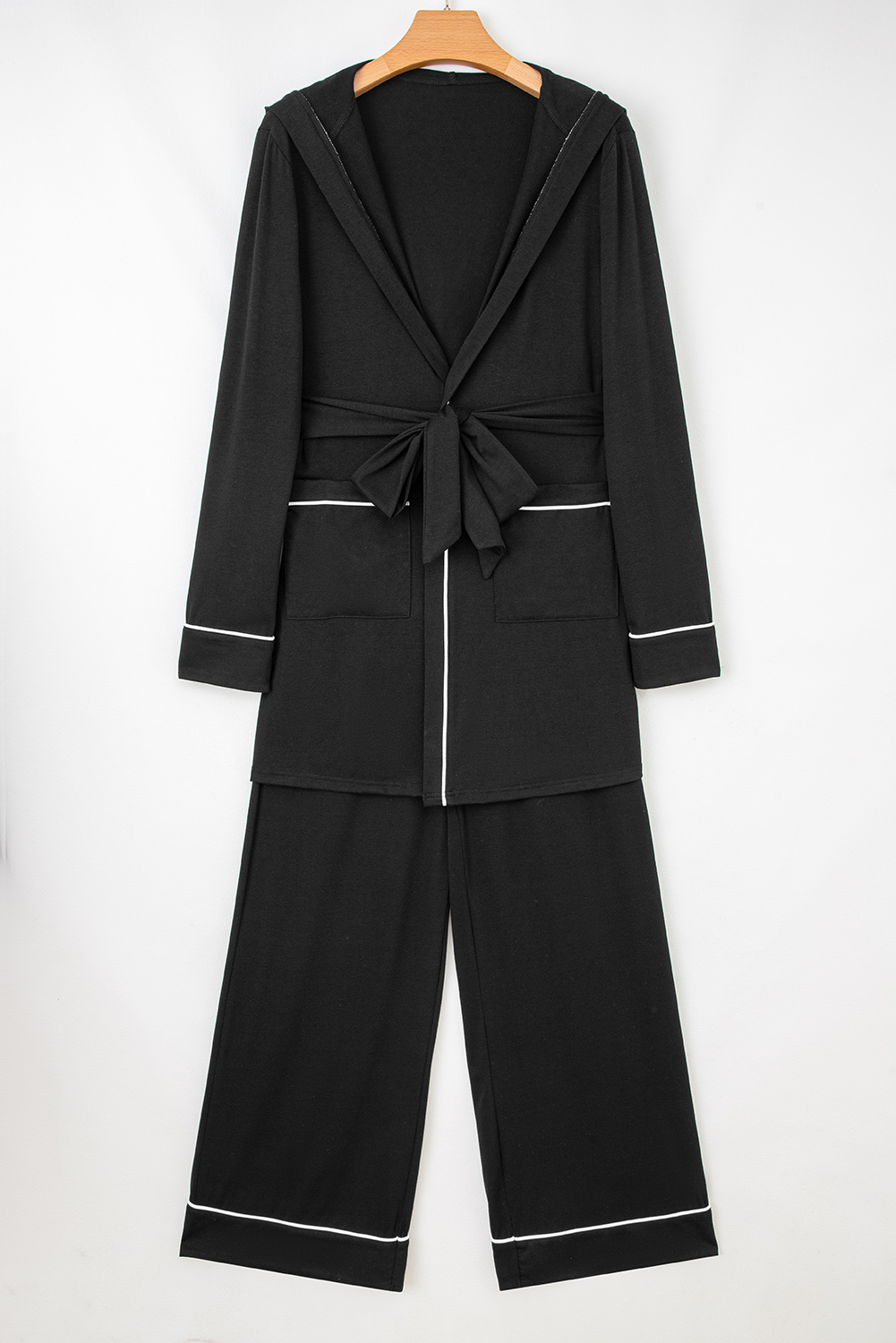 Black Contrast Trim Hooded Lounge Cardigan and Pants Set - loveforevers