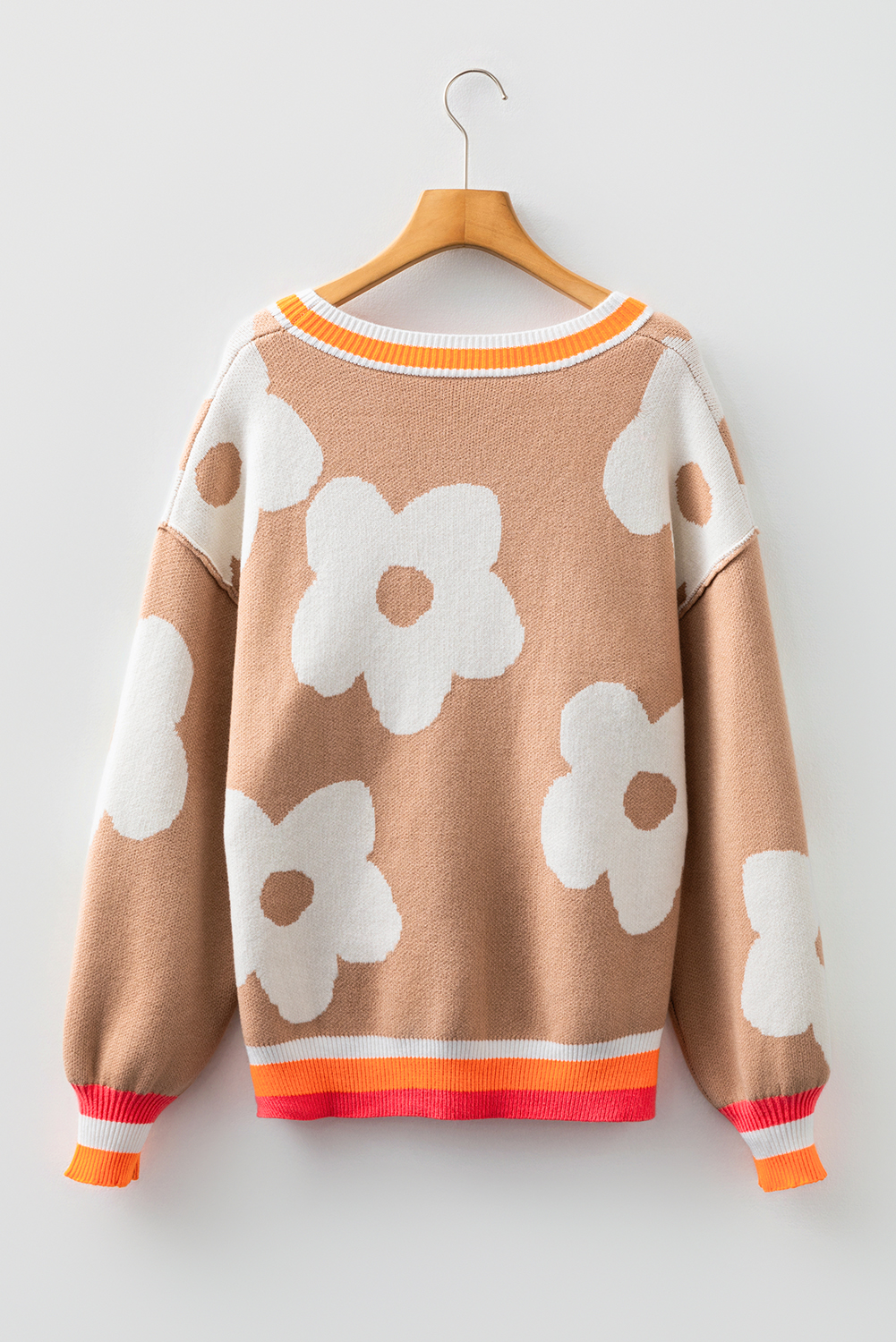 Smoke Gray Big Flower Pattern Contrast Striped Baggy Sweater - loveforevers