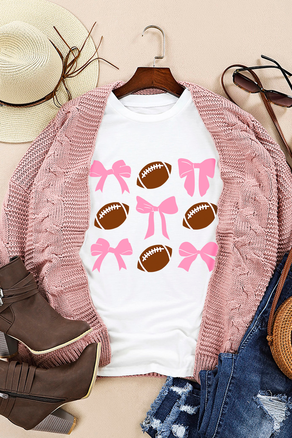 White Bowknot Rugby Football Printed Game Day T Shirt - loveforevers