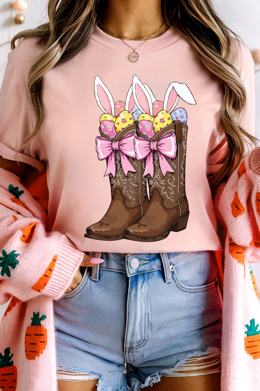 Pink Easter Eggs Bunny Ear Bow Boots Printed Tee - loveforevers