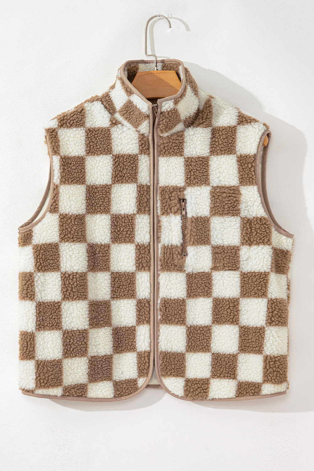 Khaki Checkered Sherpa Collared Jacket Vest - loveforevers