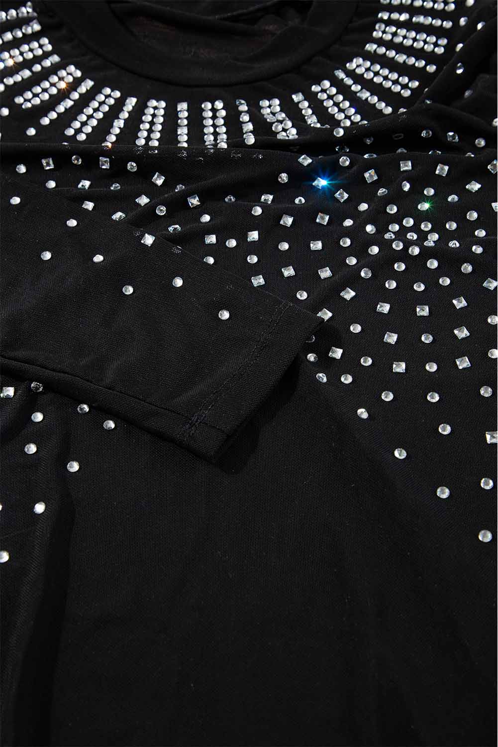 Black Rhinestone Sheer Mesh Long Sleeve Bodysuit - loveforevers