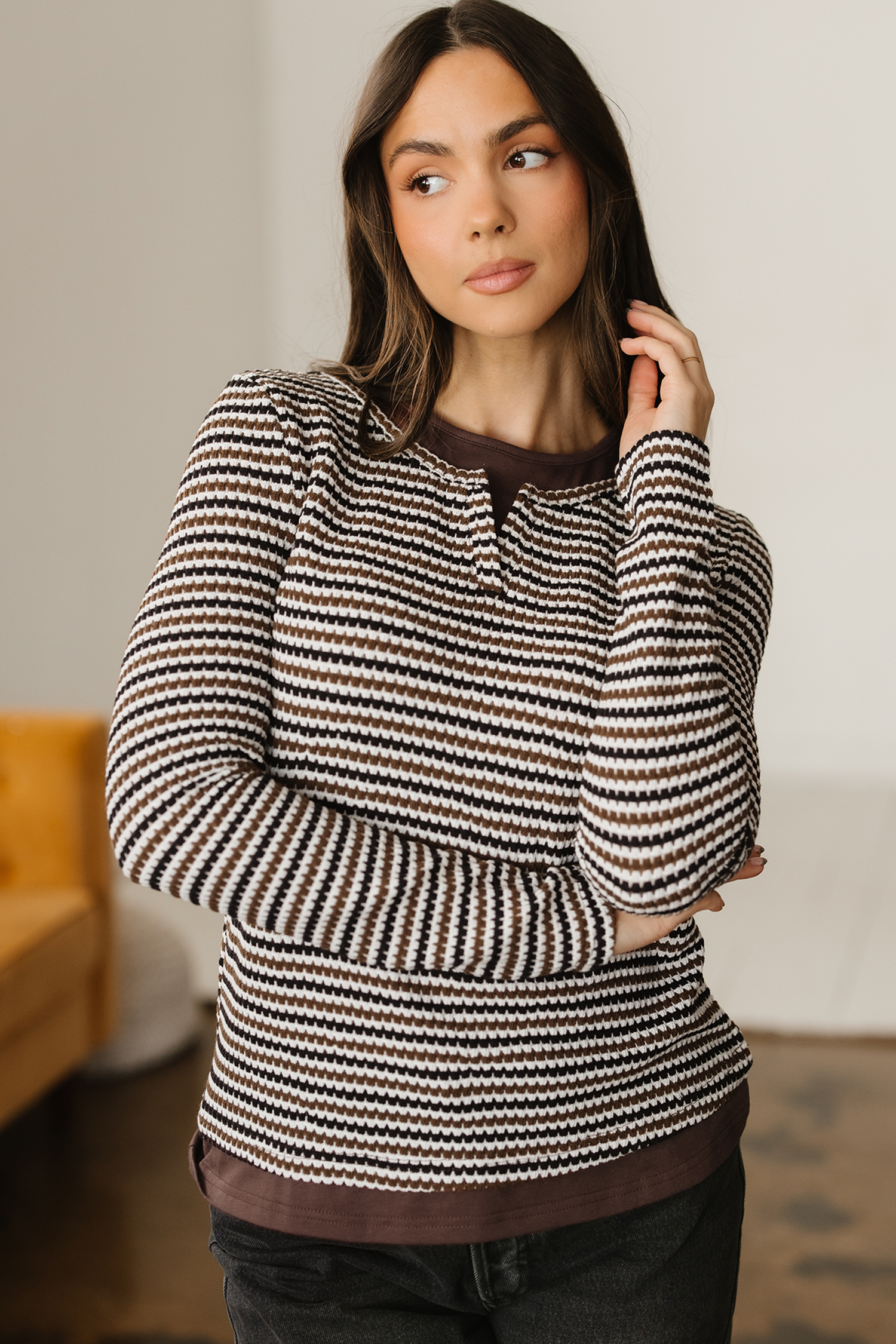 Brown Faux Two Piece Textured Striped Round Neck Long Sleeve T Shirt - loveforevers