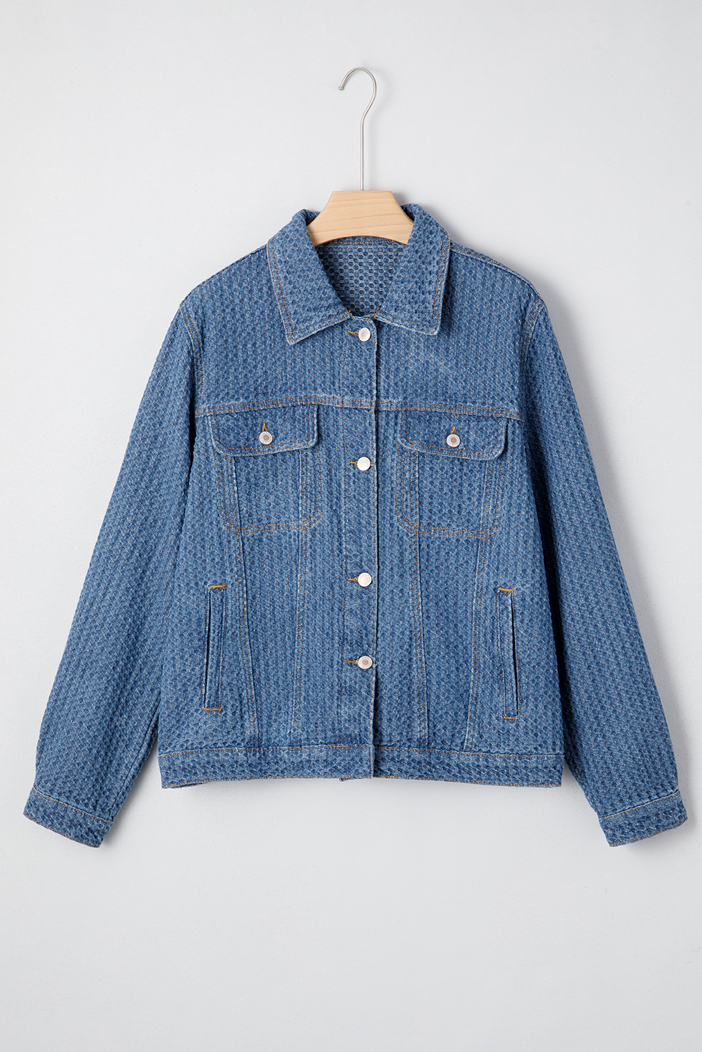 Blue Double Flap Pocket Denim Textured Button Down Jacket - loveforevers
