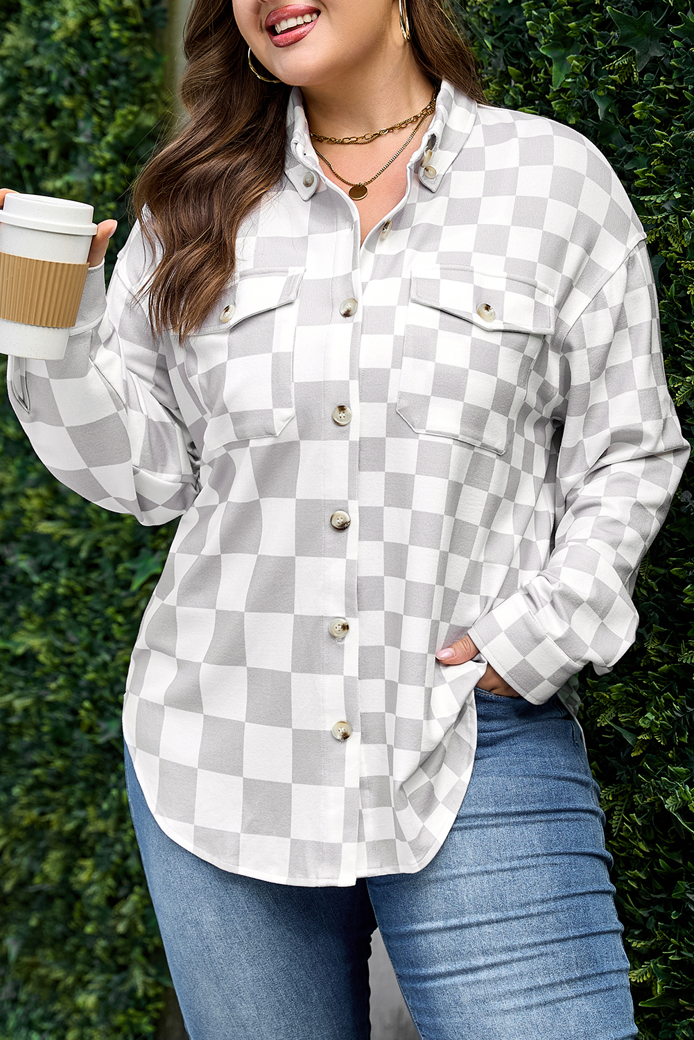Khaki Checkerboard Flap Pocket Button Front Shacket - loveforevers