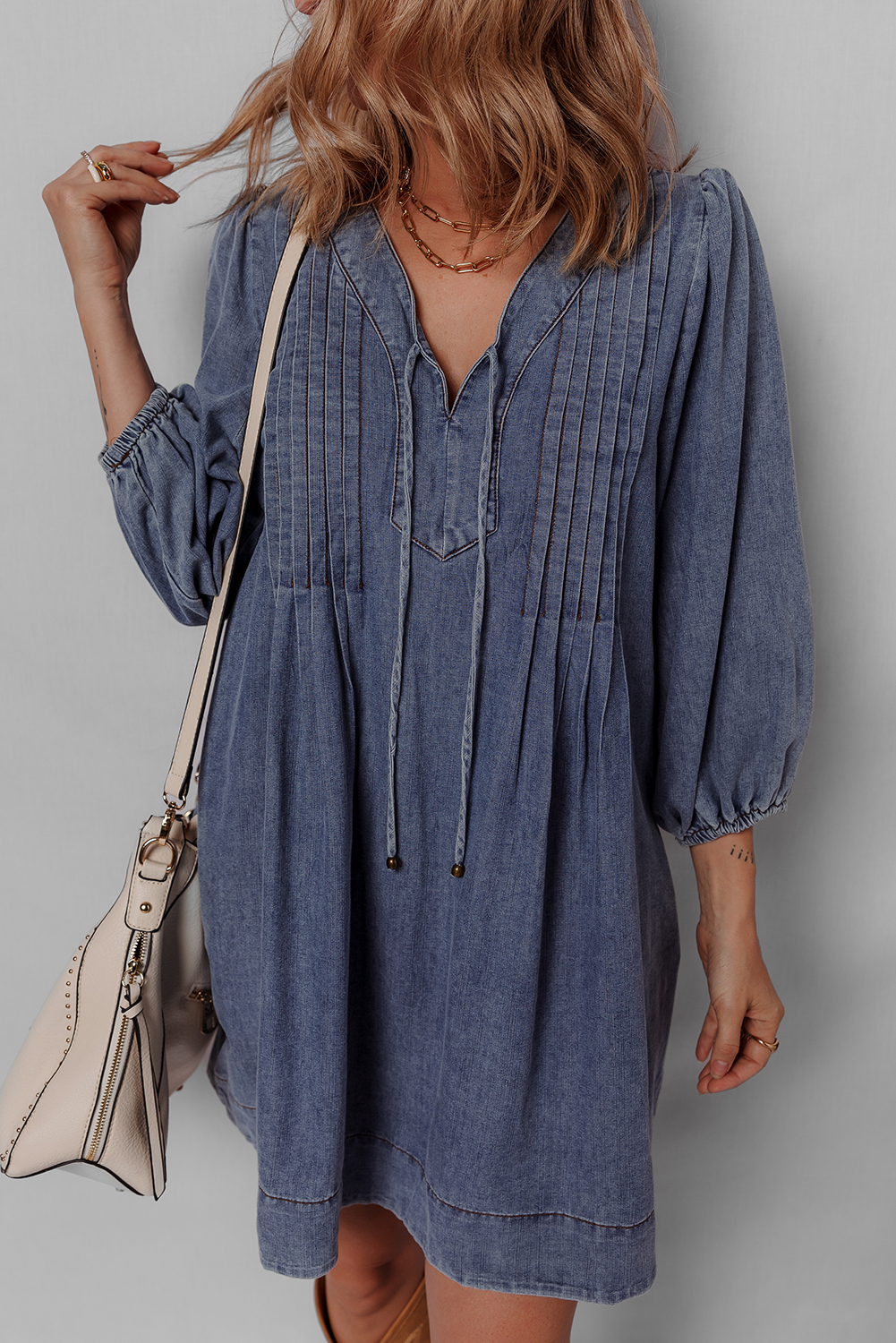 Sail Blue 3/4 Sleeve Tied V Neck Pleated Denim Mini Dress - loveforevers