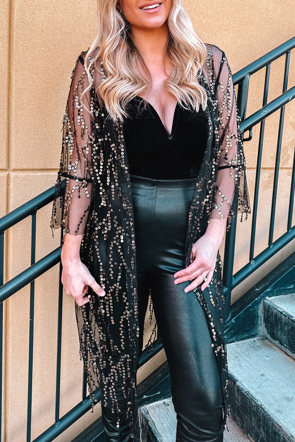 Black Sequin Sheer Long Sleeve Open Front Kimono - loveforevers