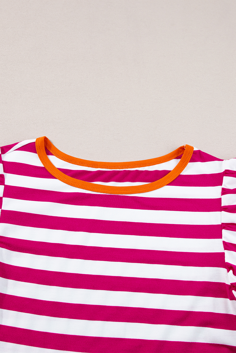 Rose Red Striped Ruffle Sleeve Crew Neck Blouse - loveforevers