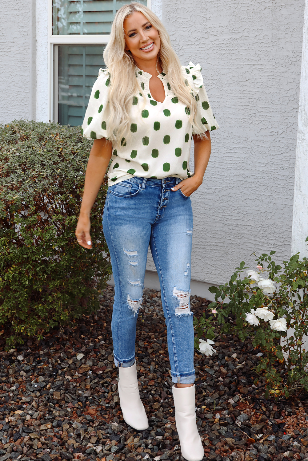 Black Polka Dot Print Shirred Yoke Notched Neck Balloon Sleeve Blouse - loveforevers