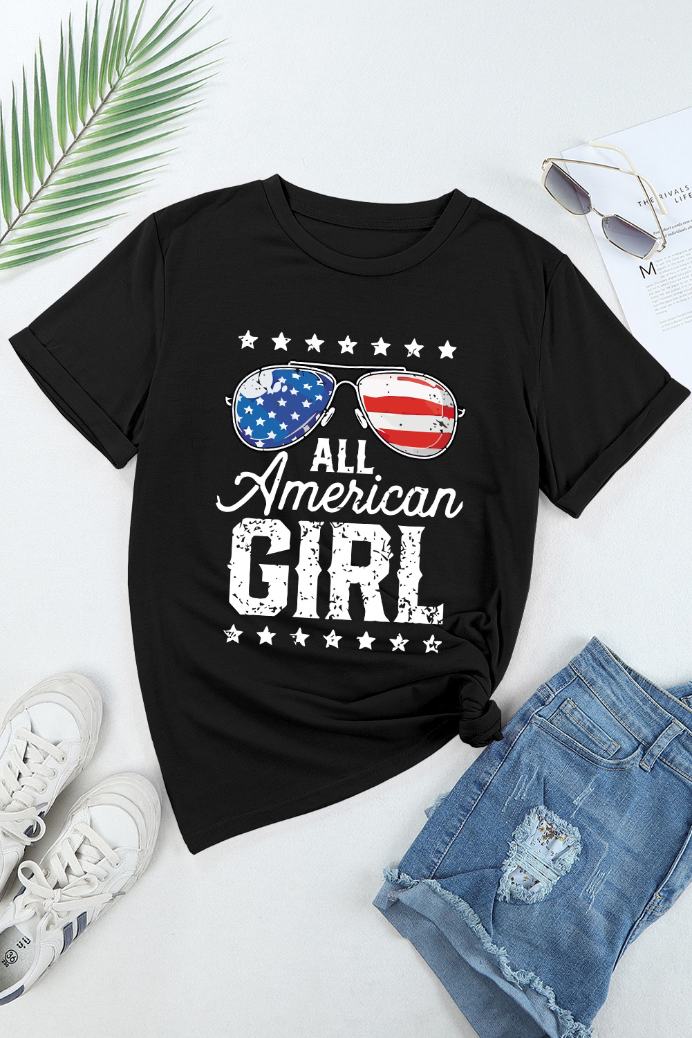 Black Stars and Stripes Glasses Slogan Graphic T Shirt - loveforevers