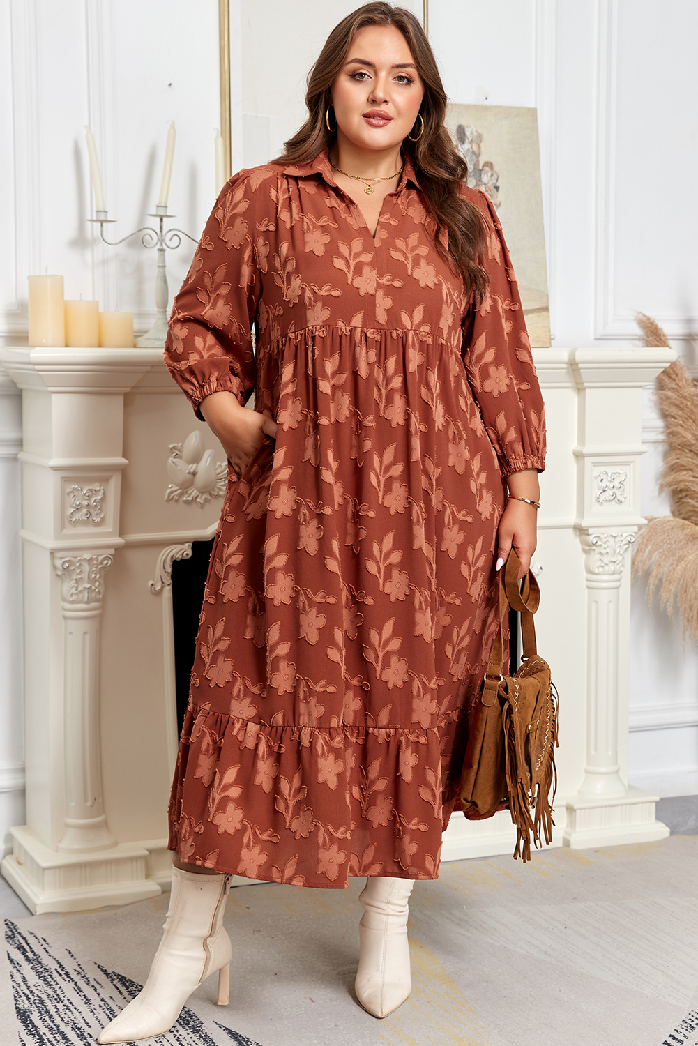 Cinnamon Plus Size Textured 3D Flower Pattern Ruffle Hem 3/4 Sleeve Long Dress - loveforevers