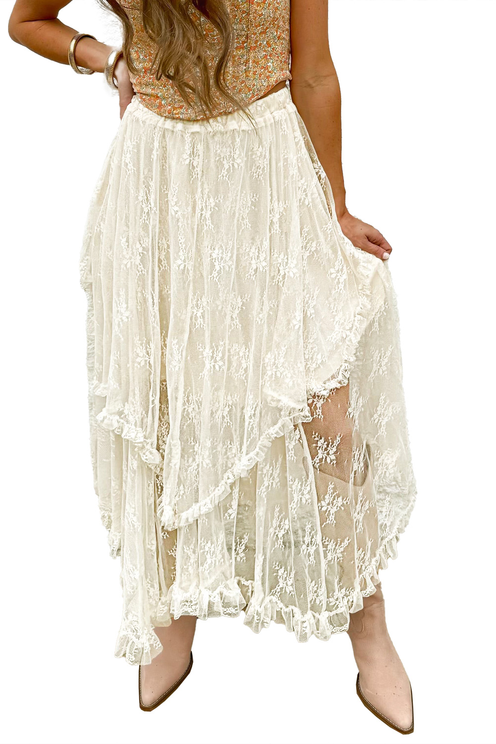 Apricot Lace Cascading Tiered High Waist Maxi Skirt - loveforevers