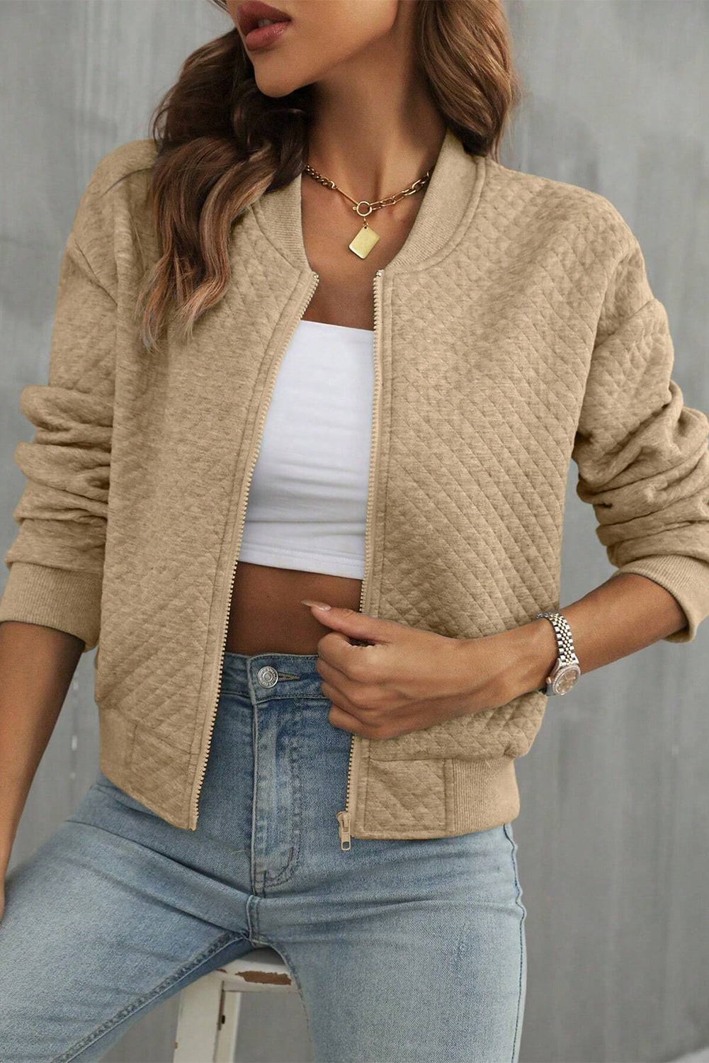 Pale Khaki Solid Geometric Textured Baseball Collar Jacket - loveforevers