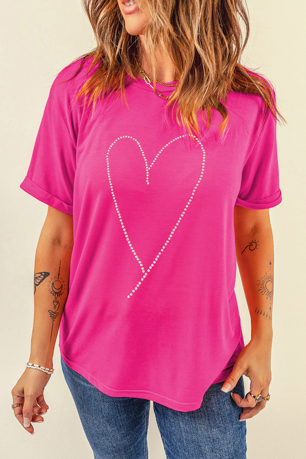 Rose Red Rhinestone Heart Graphic Crew Neck Valentines Tee - loveforevers