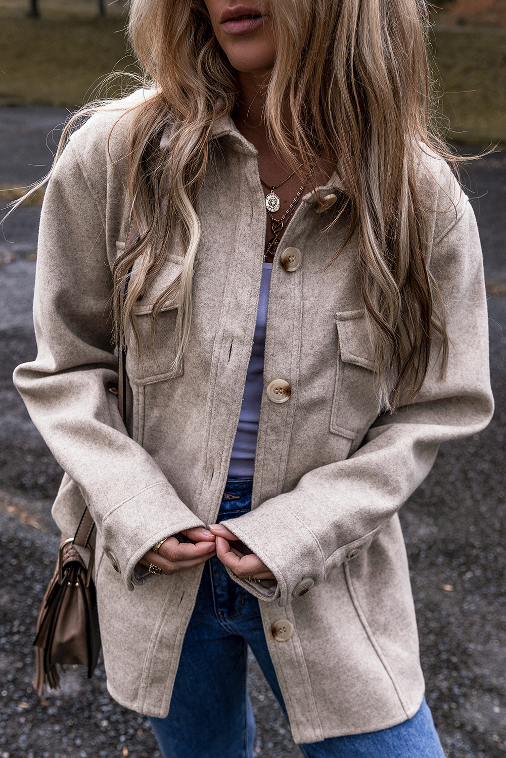 Light Grey Turn Down Collar Flap Pockets Buttoned Shacket - loveforevers