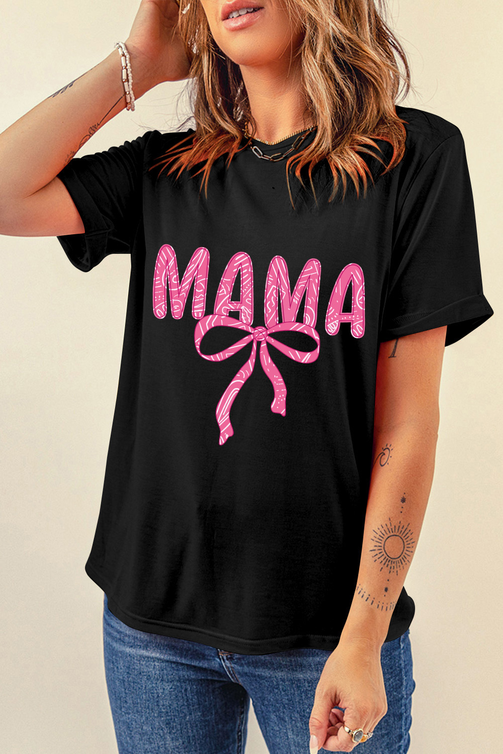 Black MAMA Ribbon Bowknot Graphic Crewneck T Shirt - loveforevers